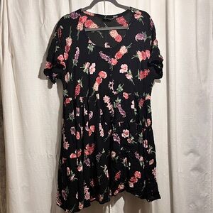 Vintage Starina Oversized Buttondown Floral Black Tunic T-shirt Dress